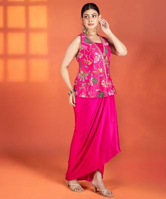 Fuchsia embroidered silk skirt set 3
