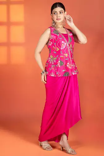 Fuchsia embroidered silk skirt set