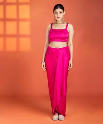 Fuchsia embroidered silk skirt set 4