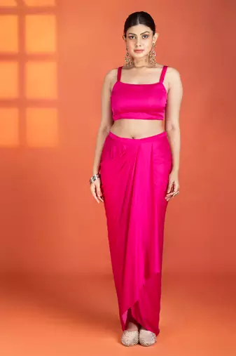 Fuchsia embroidered silk skirt set