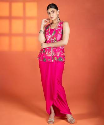 Fuchsia embroidered silk skirt set 5