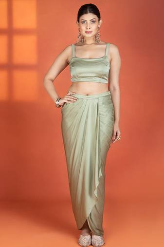 Green embroidered silk skirt set