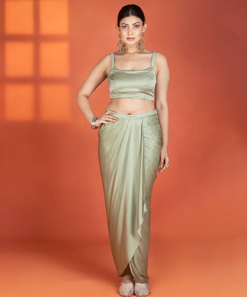 Green embroidered silk skirt set