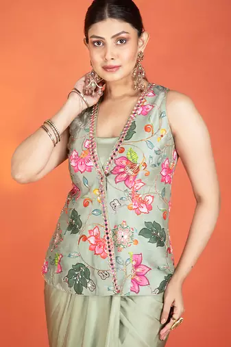Green embroidered silk skirt set