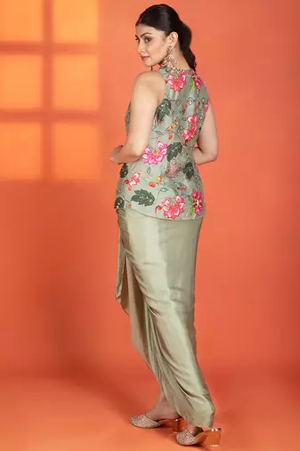 Green embroidered silk skirt set