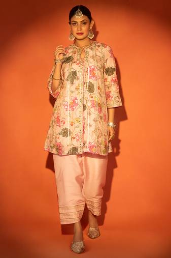 Pink embroidered cotton silk kurta set