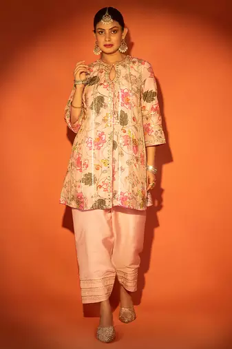 Pink embroidered cotton silk kurta set