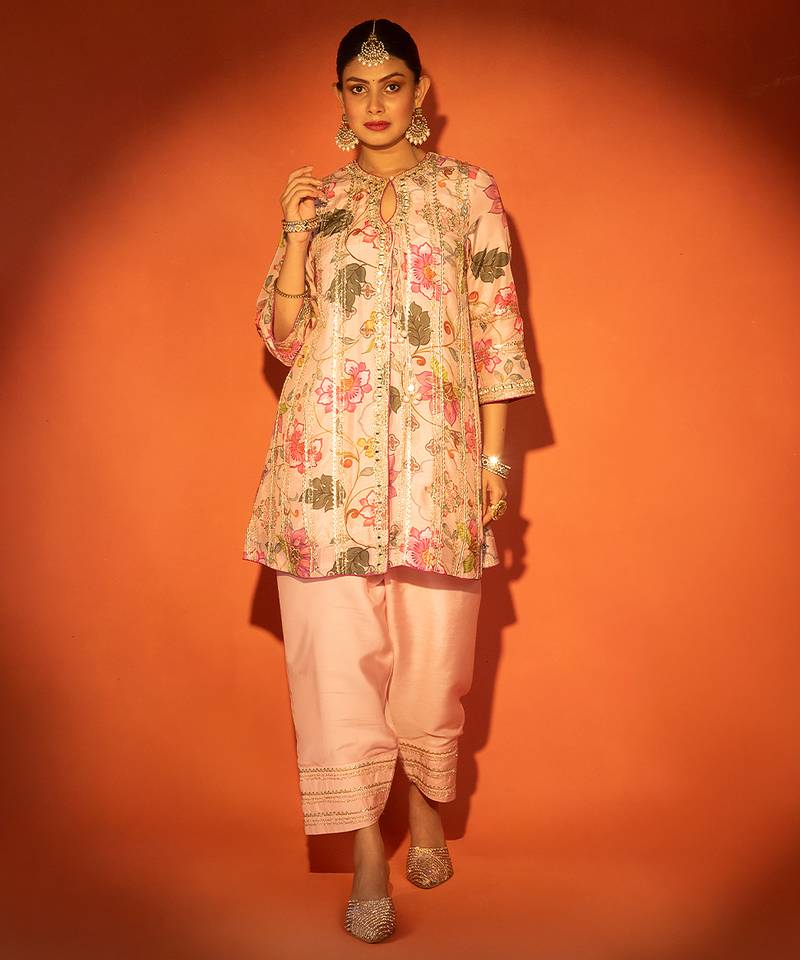 Pink embroidered cotton silk kurta set