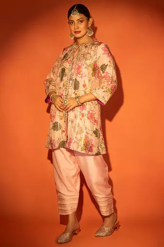 Pink embroidered cotton silk kurta set