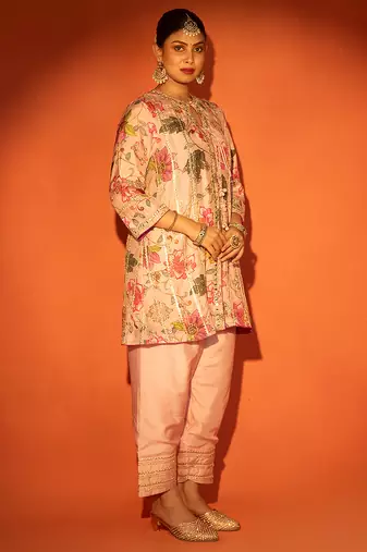 Pink embroidered cotton silk kurta set