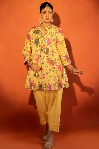 Yellow embroidered cotton silk kurta set