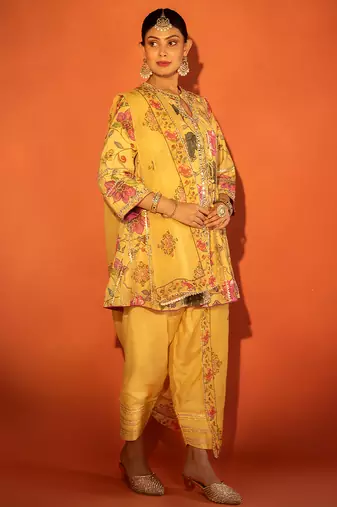 Yellow embroidered cotton silk kurta set