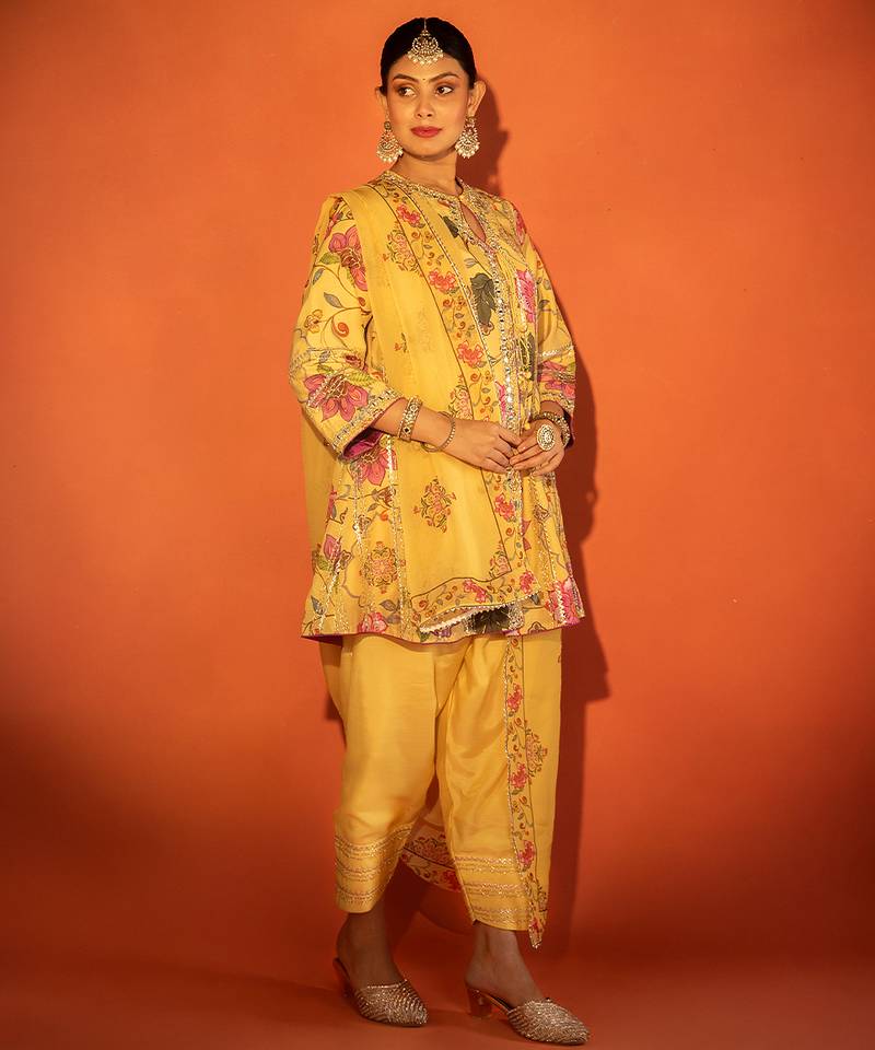 Yellow embroidered cotton silk kurta set