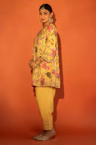 Yellow embroidered cotton silk kurta set