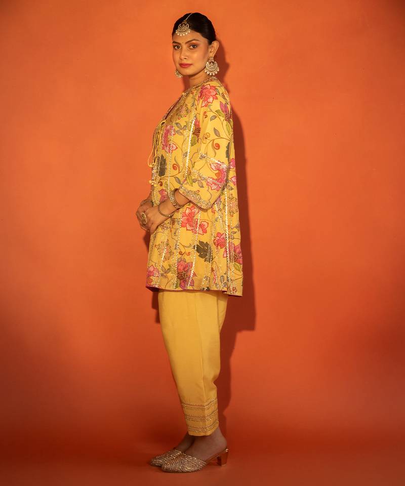 Yellow embroidered cotton silk kurta set