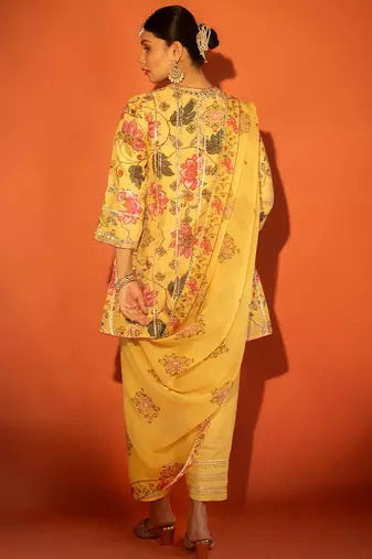 Yellow embroidered cotton silk kurta set