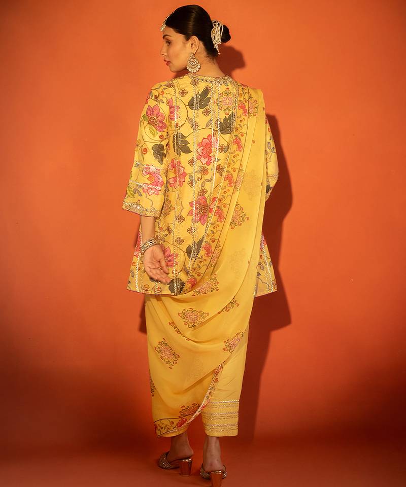 Yellow embroidered cotton silk kurta set