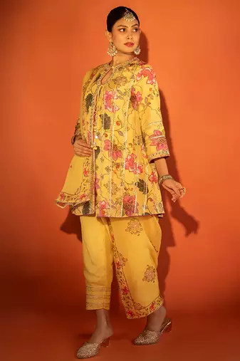 Yellow embroidered cotton silk kurta set