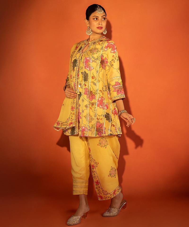 Yellow embroidered cotton silk kurta set