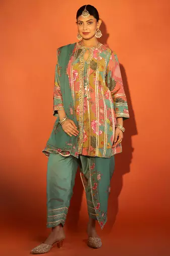Multicolor embroidered cotton silk kurta set