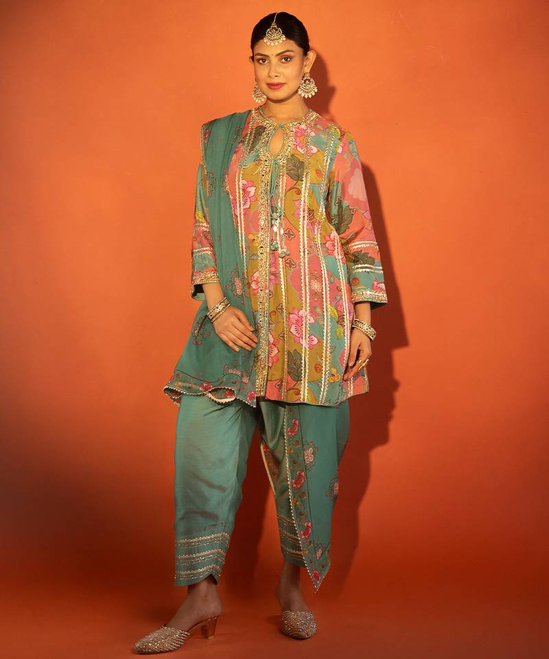 Multicolor embroidered cotton silk kurta set