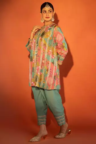 Multicolor embroidered cotton silk kurta set