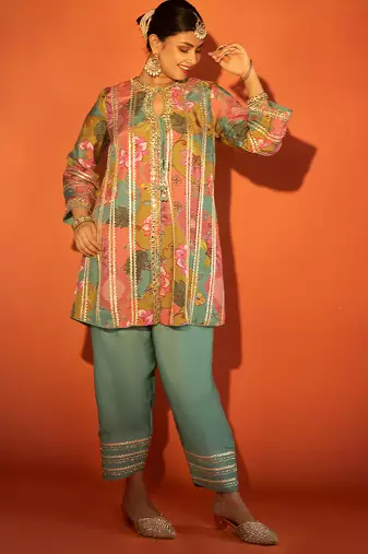 Multicolor embroidered cotton silk kurta set