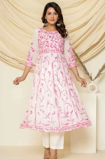 Pink aari embroidered anarkali suit set
