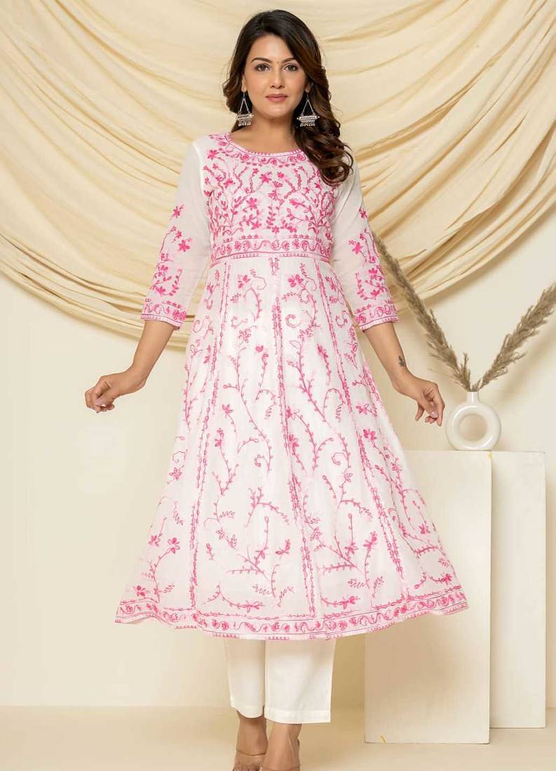 Pink aari embroidered anarkali suit set