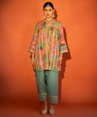Multicolor embroidered cotton silk kurta set 5