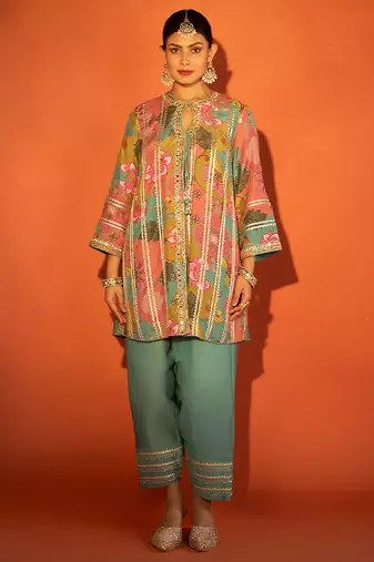 Multicolor embroidered cotton silk kurta set