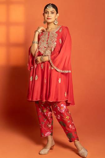 Red embroidered cotton silk kurta set