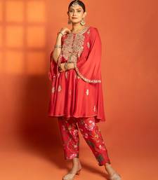 Red embroidered cotton silk kurta set