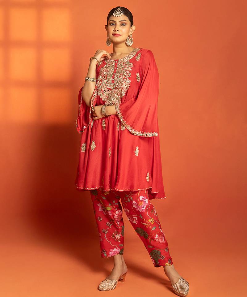 Red embroidered cotton silk kurta set