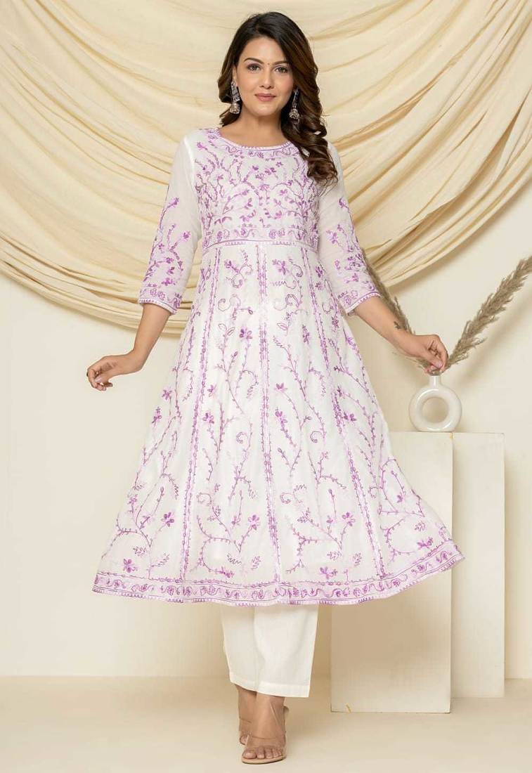 Purple aari embroidered anarkali suit set