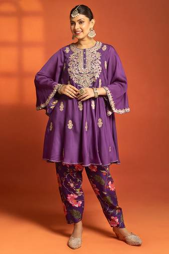 Purple embroidered cotton silk kurta set