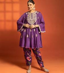 Purple embroidered cotton silk kurta set