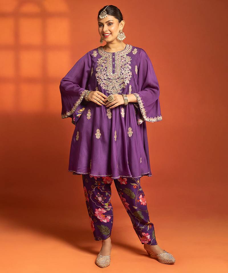 Purple embroidered cotton silk kurta set