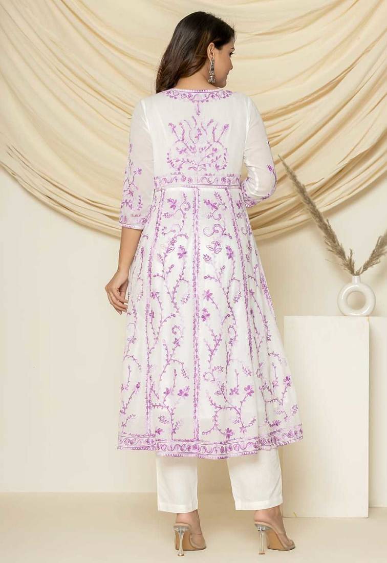 Purple aari embroidered anarkali suit set