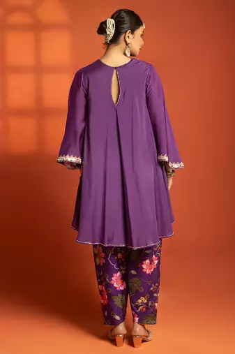 Purple embroidered cotton silk kurta set