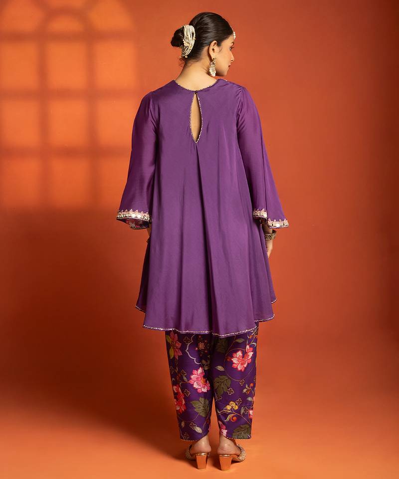 Purple embroidered cotton silk kurta set