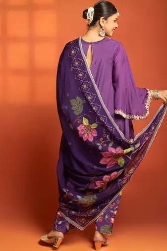 Purple embroidered cotton silk kurta set