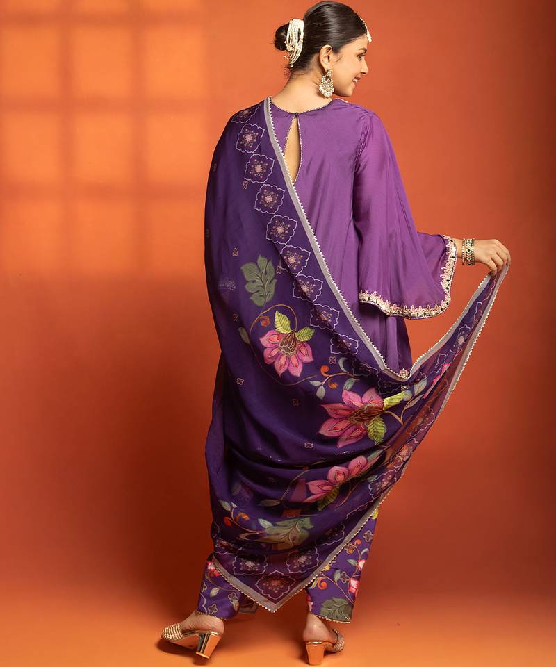 Purple embroidered cotton silk kurta set