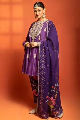 Purple embroidered cotton silk kurta set