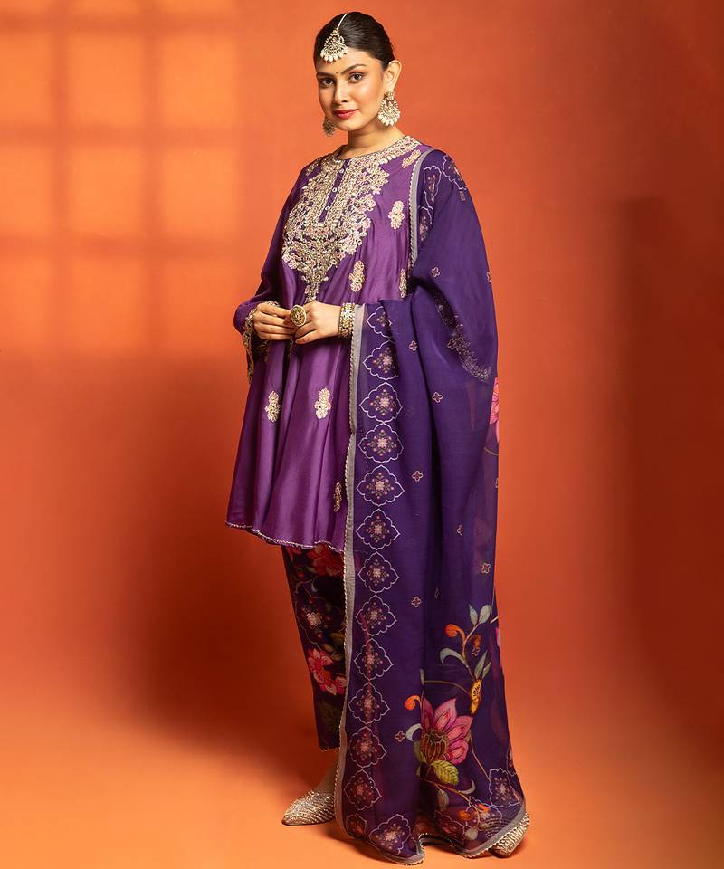 Purple embroidered cotton silk kurta set