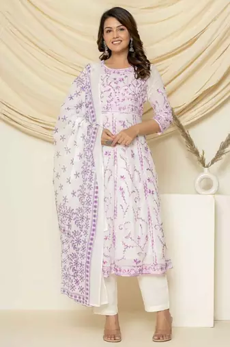 Grey aari embroidered anarkali suit set