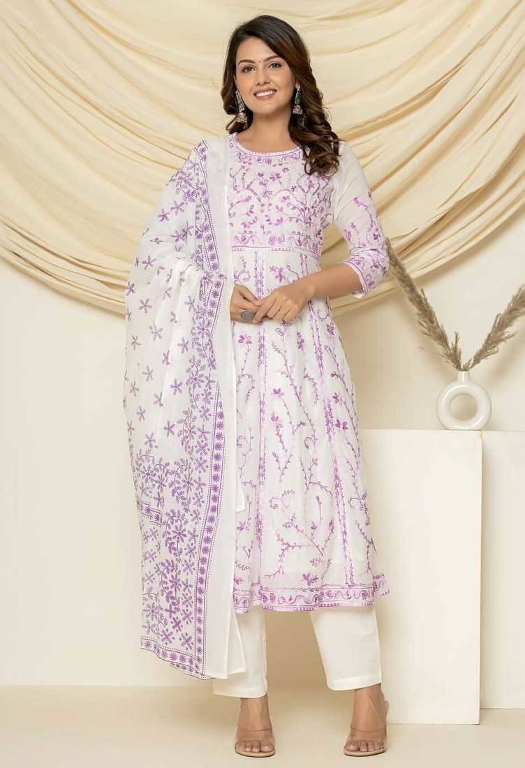Grey aari embroidered anarkali suit set