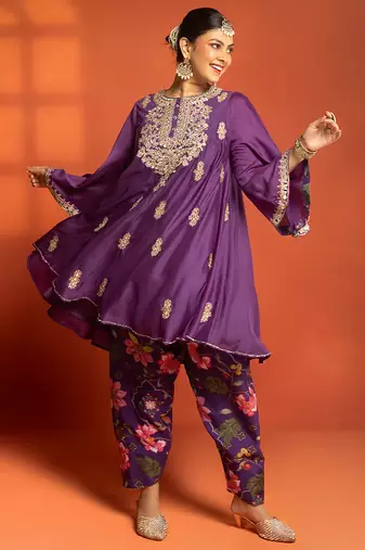 Purple embroidered cotton silk kurta set