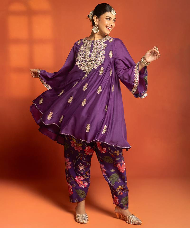 Purple embroidered cotton silk kurta set