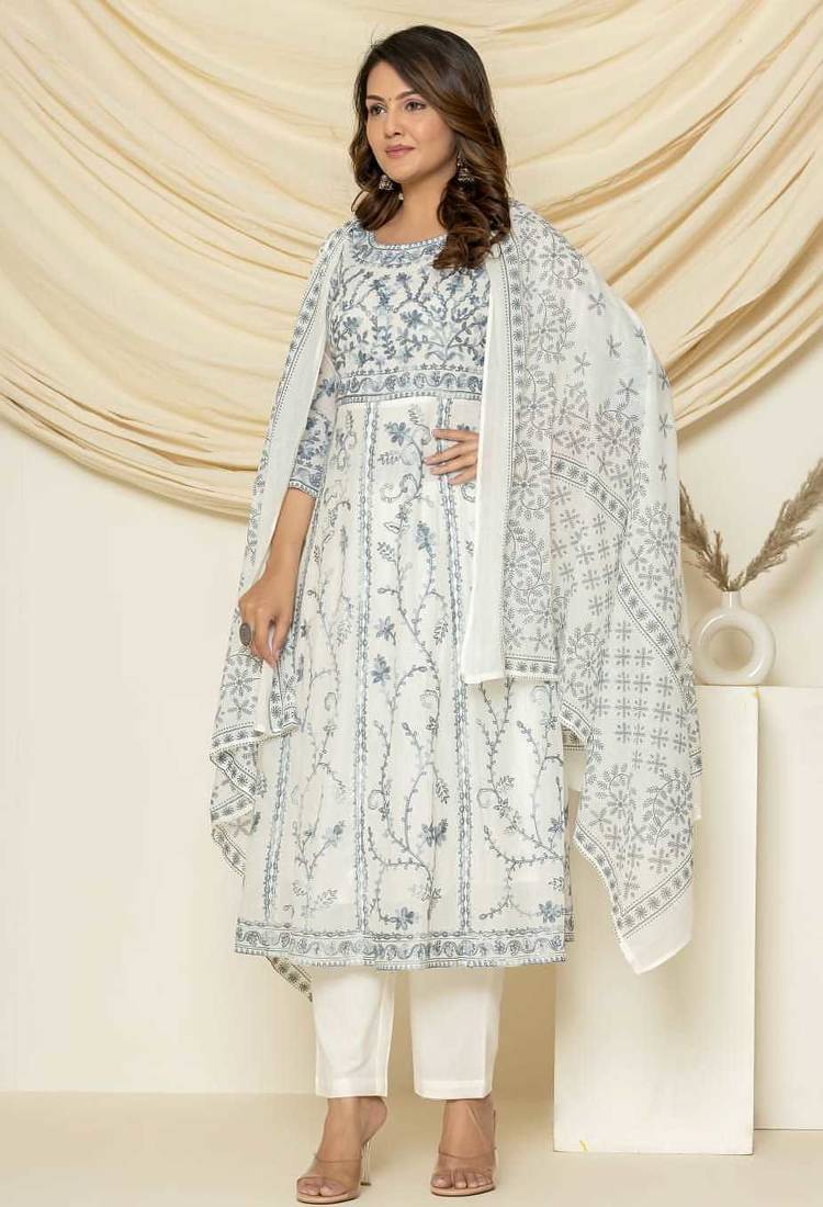 Grey aari embroidered anarkali suit set